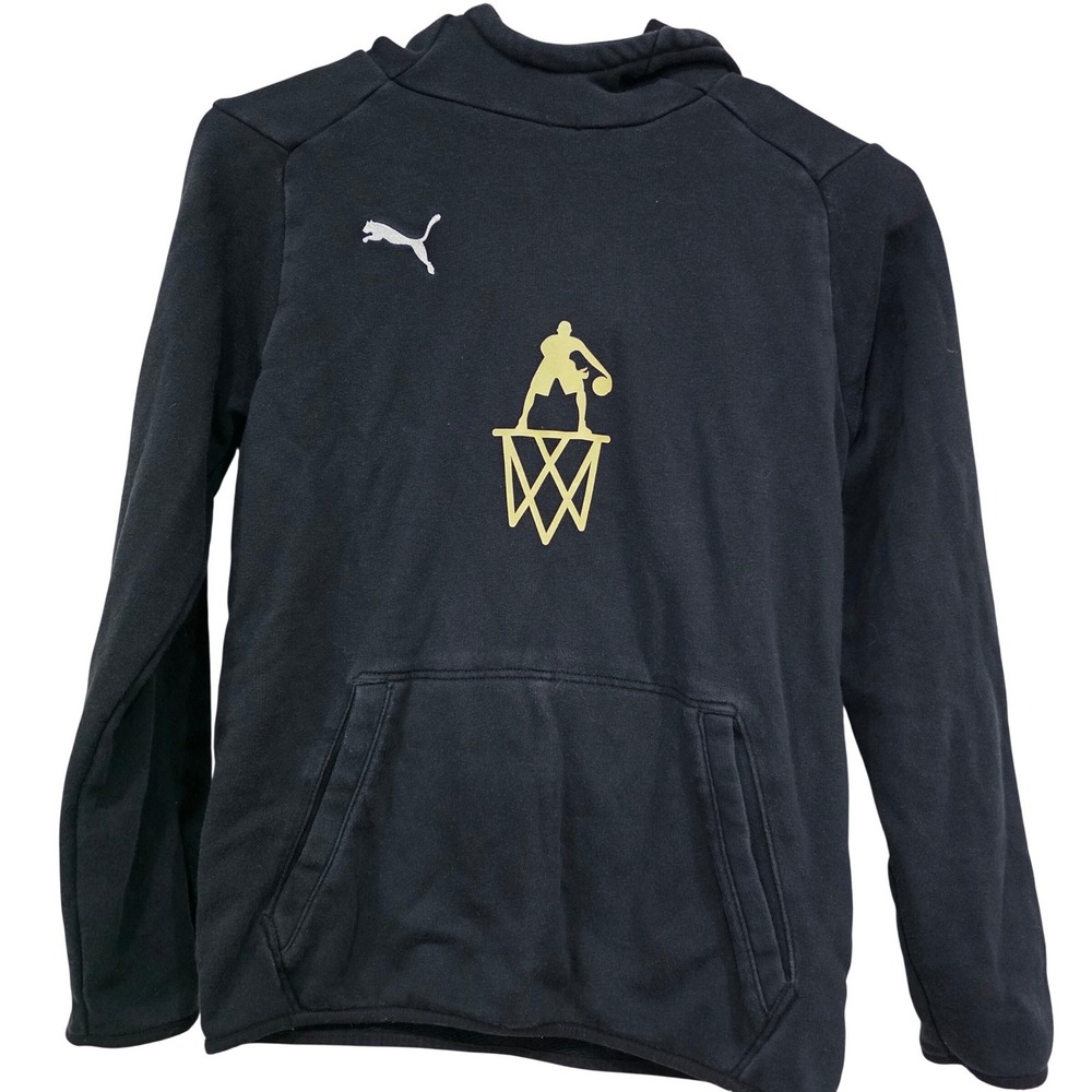 Puma Basketball Hoodie Boys Large‎ Black Gold Graphic Pullover Sweatshirt